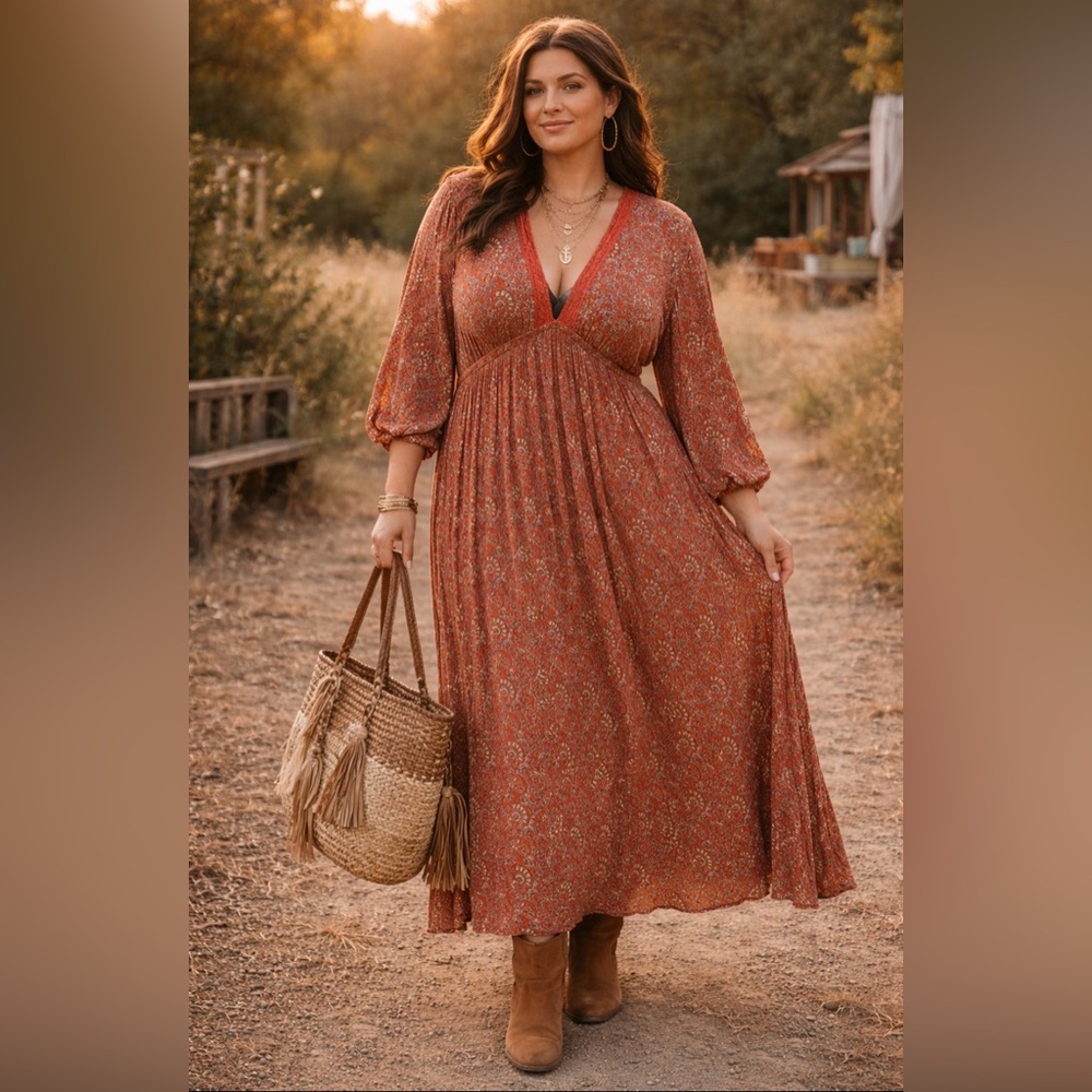 Romantic Gypsy- Elegant Floral V-Neck - maxi Dress - rust tone fan print- 1X